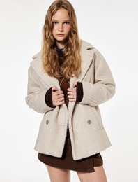 Düğmeli Cep Detaylı Kruvaze Yaka Oversize Buklet Kaban