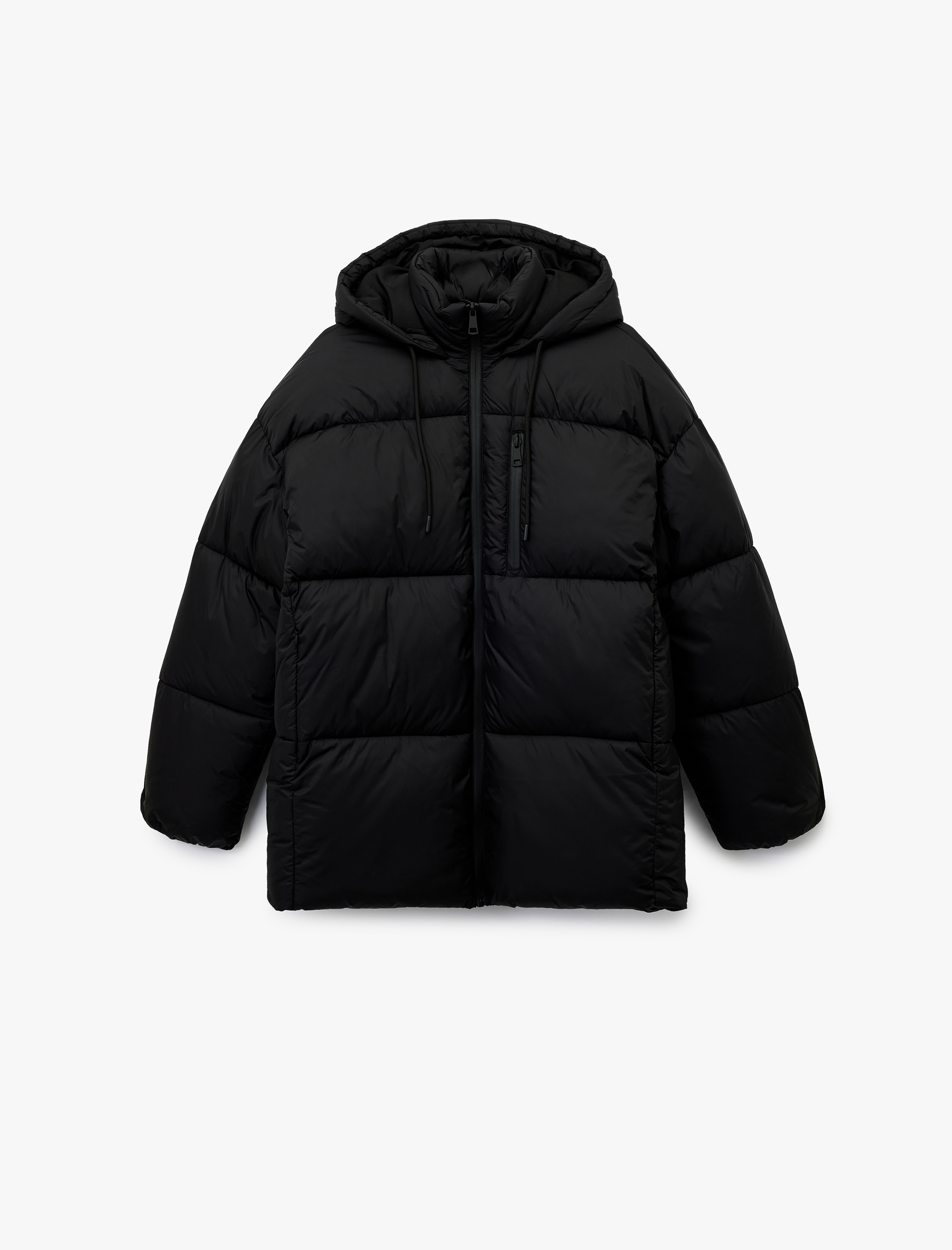   Uzun Kollu Fermuarlı Kapüşonlu Anorak Oversize Şişme Mont