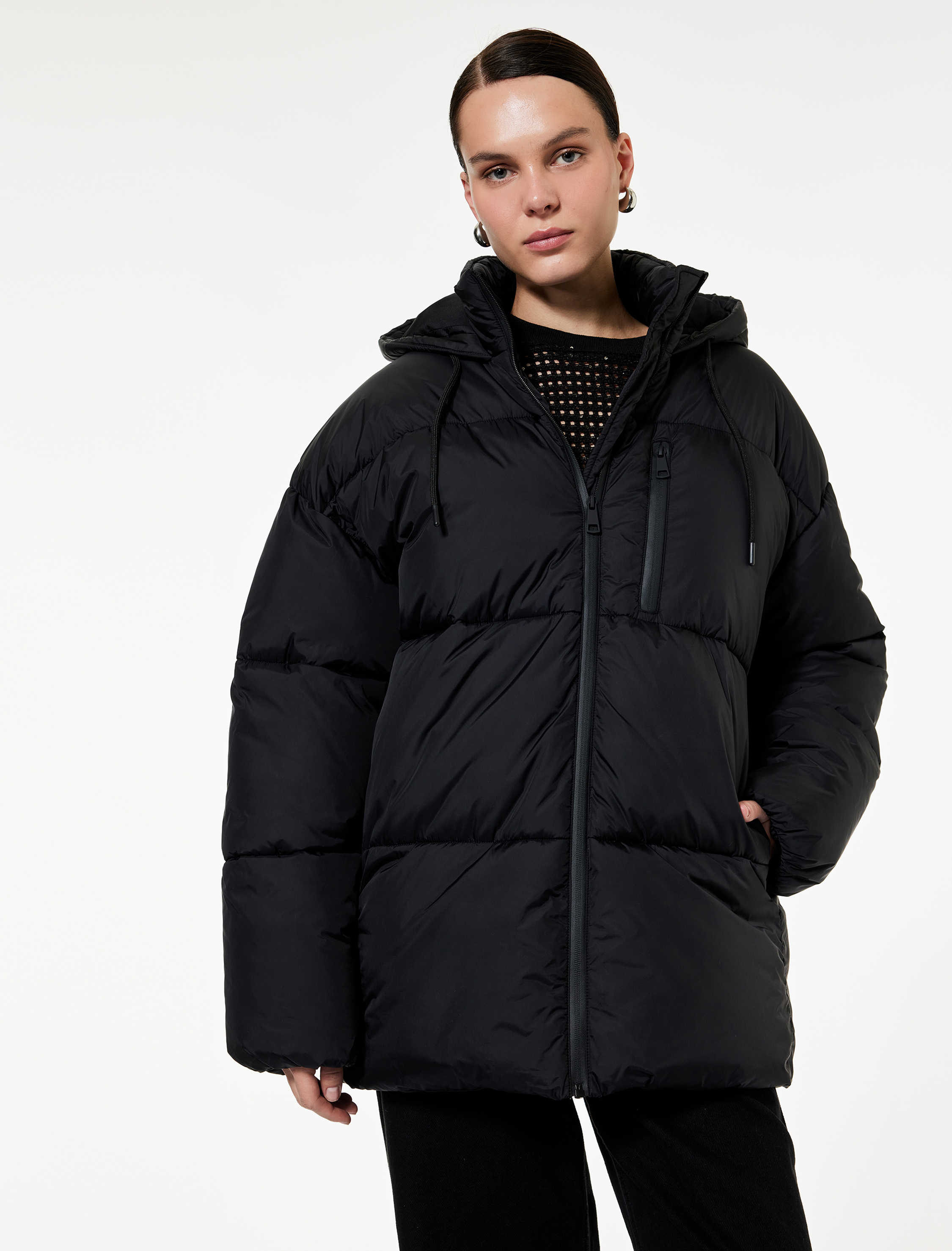   Uzun Kollu Fermuarlı Kapüşonlu Anorak Oversize Şişme Mont