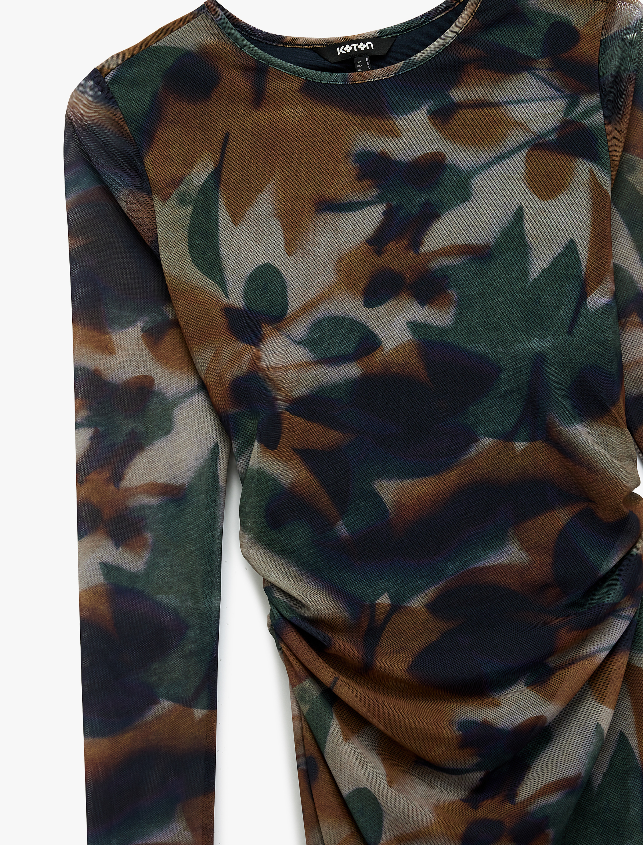   Uzun Kollu Bisiklet Yaka Drape Detaylı Uzun Floral Desenli Elbise