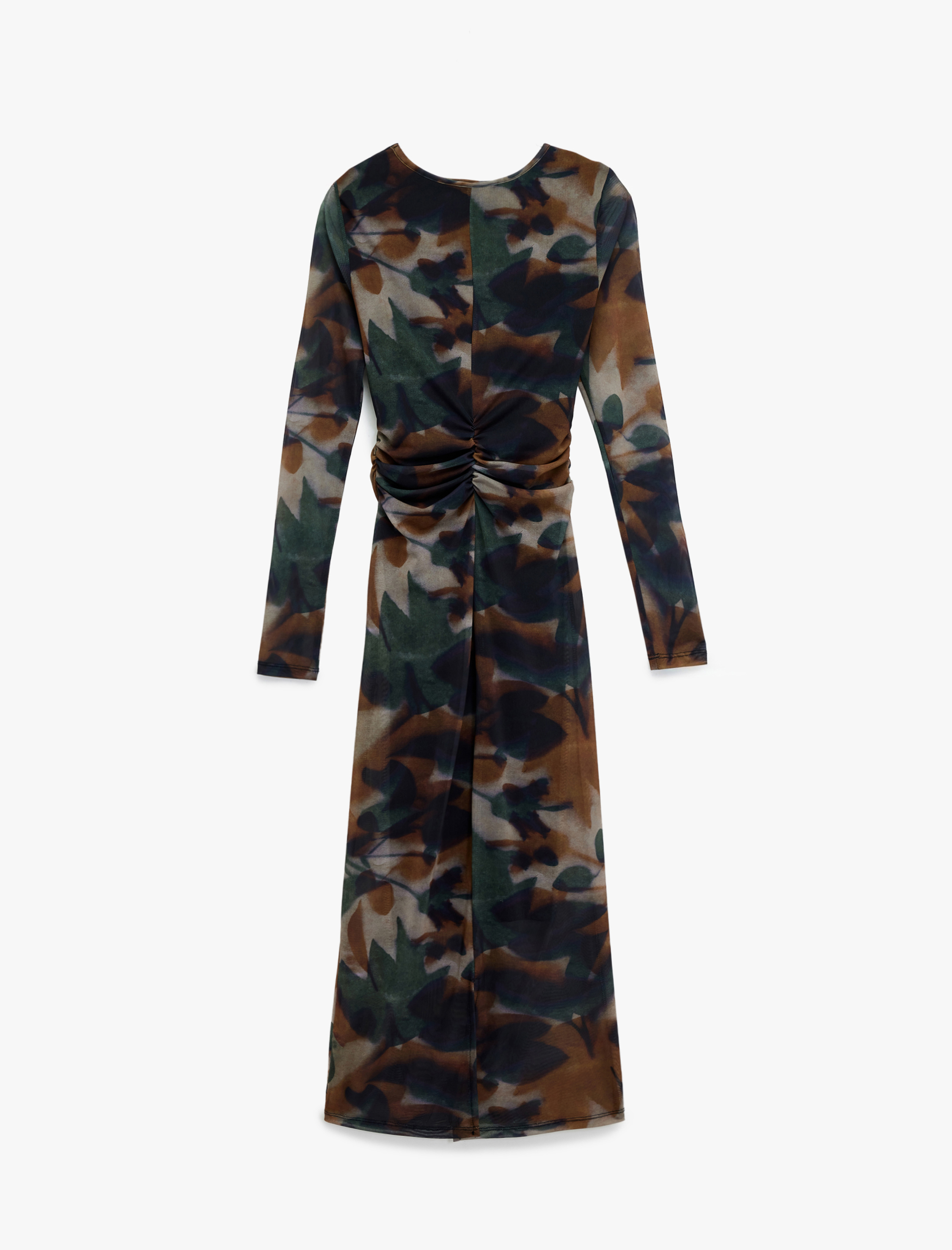   Uzun Kollu Bisiklet Yaka Drape Detaylı Uzun Floral Desenli Elbise