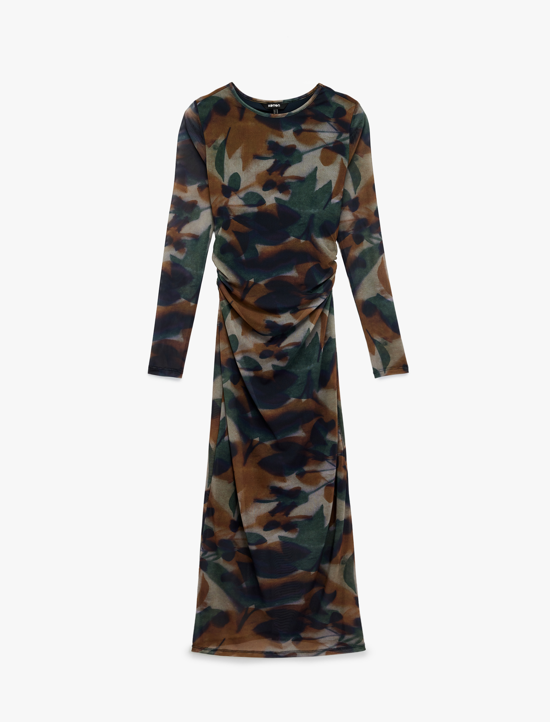   Uzun Kollu Bisiklet Yaka Drape Detaylı Uzun Floral Desenli Elbise