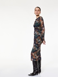 Uzun Kollu Bisiklet Yaka Drape Detaylı Uzun Floral Desenli Elbise