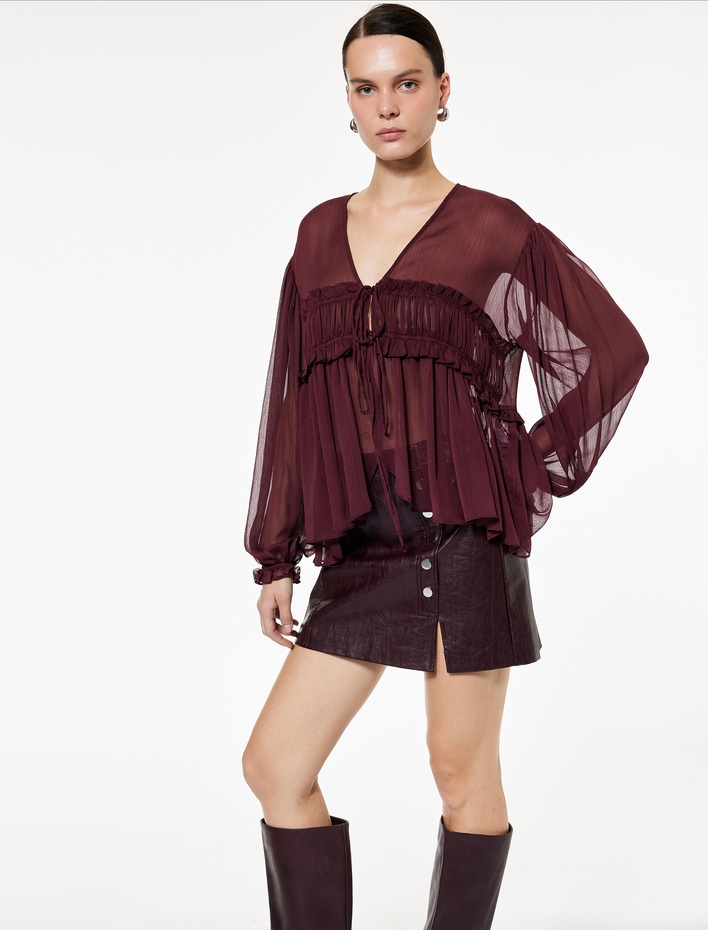  Uzun Kollu Transparan V Yaka Fırfır Detaylı Önden Bağlamalı Tül Bluz