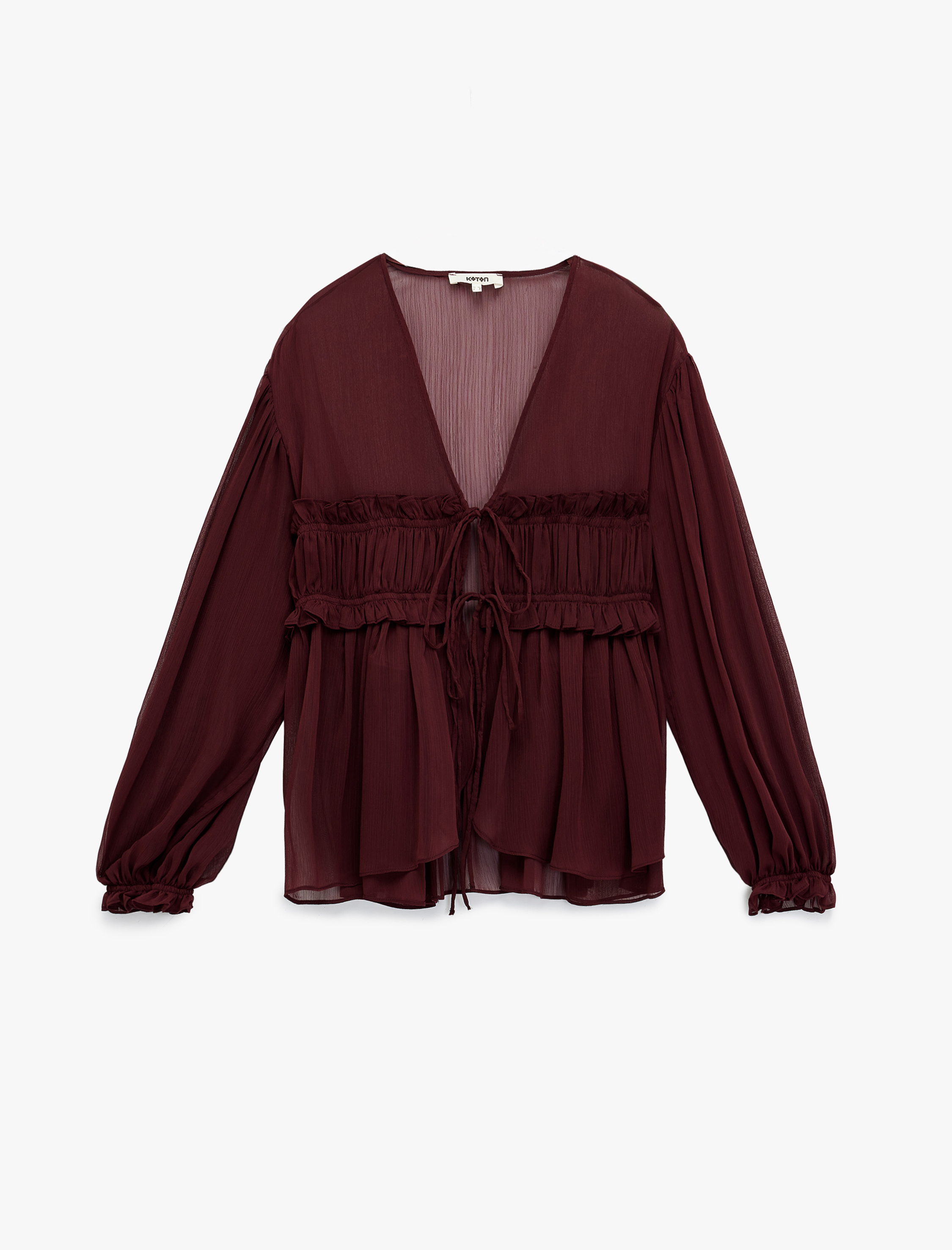   Uzun Kollu Transparan V Yaka Fırfır Detaylı Önden Bağlamalı Tül Bluz