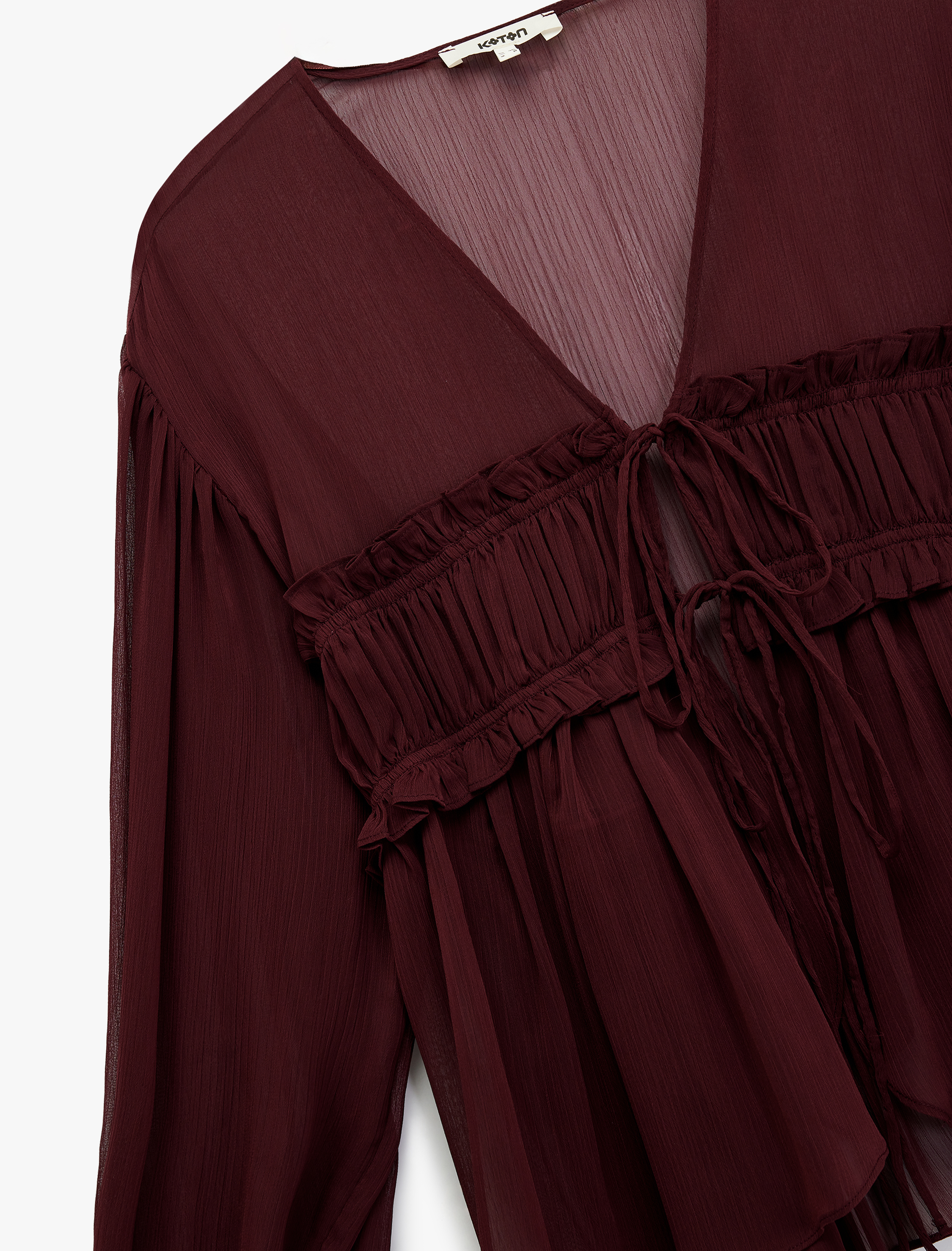   Uzun Kollu Transparan V Yaka Fırfır Detaylı Önden Bağlamalı Tül Bluz