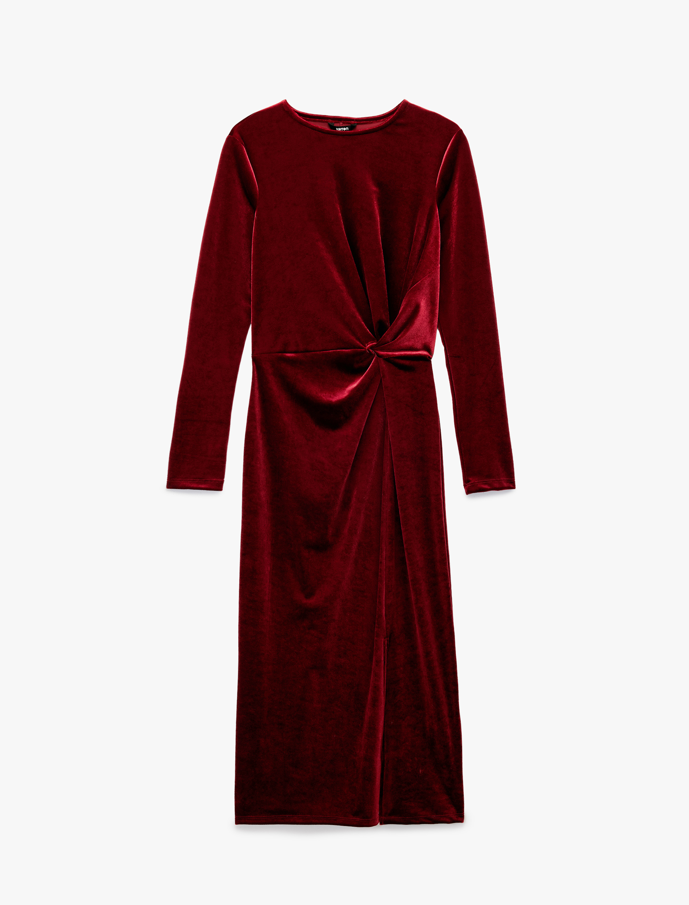   Drape Detaylı Uzun Kollu Bisiklet Yaka Uzun Kadife Elbise