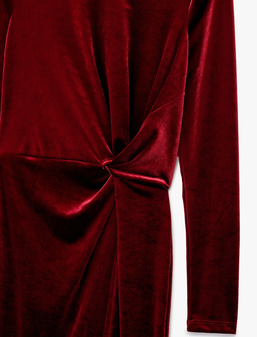   Drape Detaylı Uzun Kollu Bisiklet Yaka Uzun Kadife Elbise