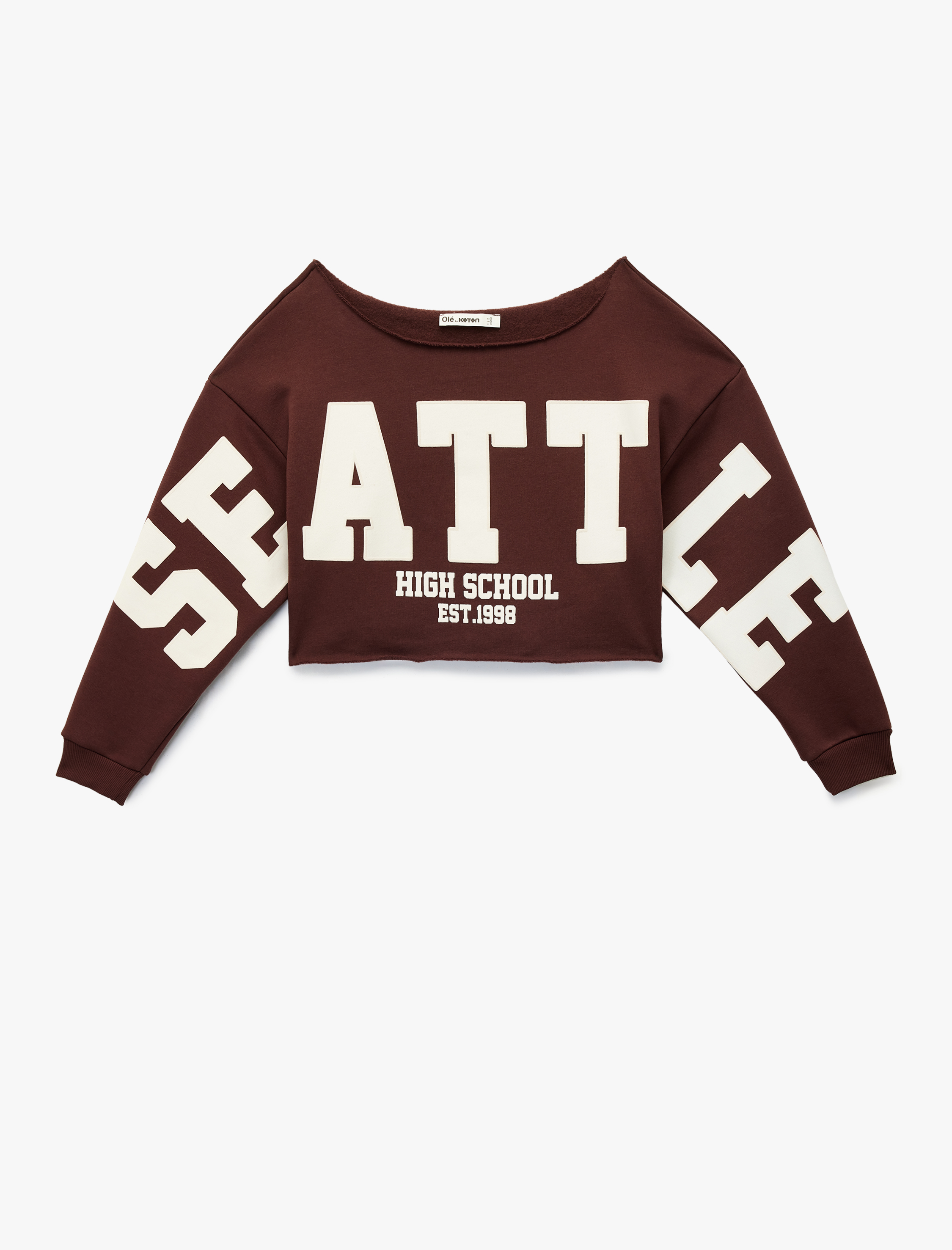   Şardonlu Uzun Kollu Baskılı Kayık Yaka Oversize Crop Sweatshirt