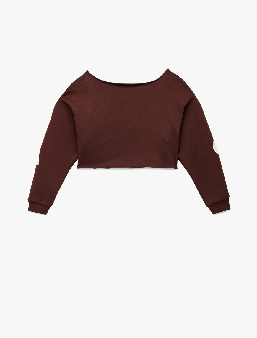   Uzun Kollu Baskılı Kayık Yaka Oversize Crop Sweatshirt