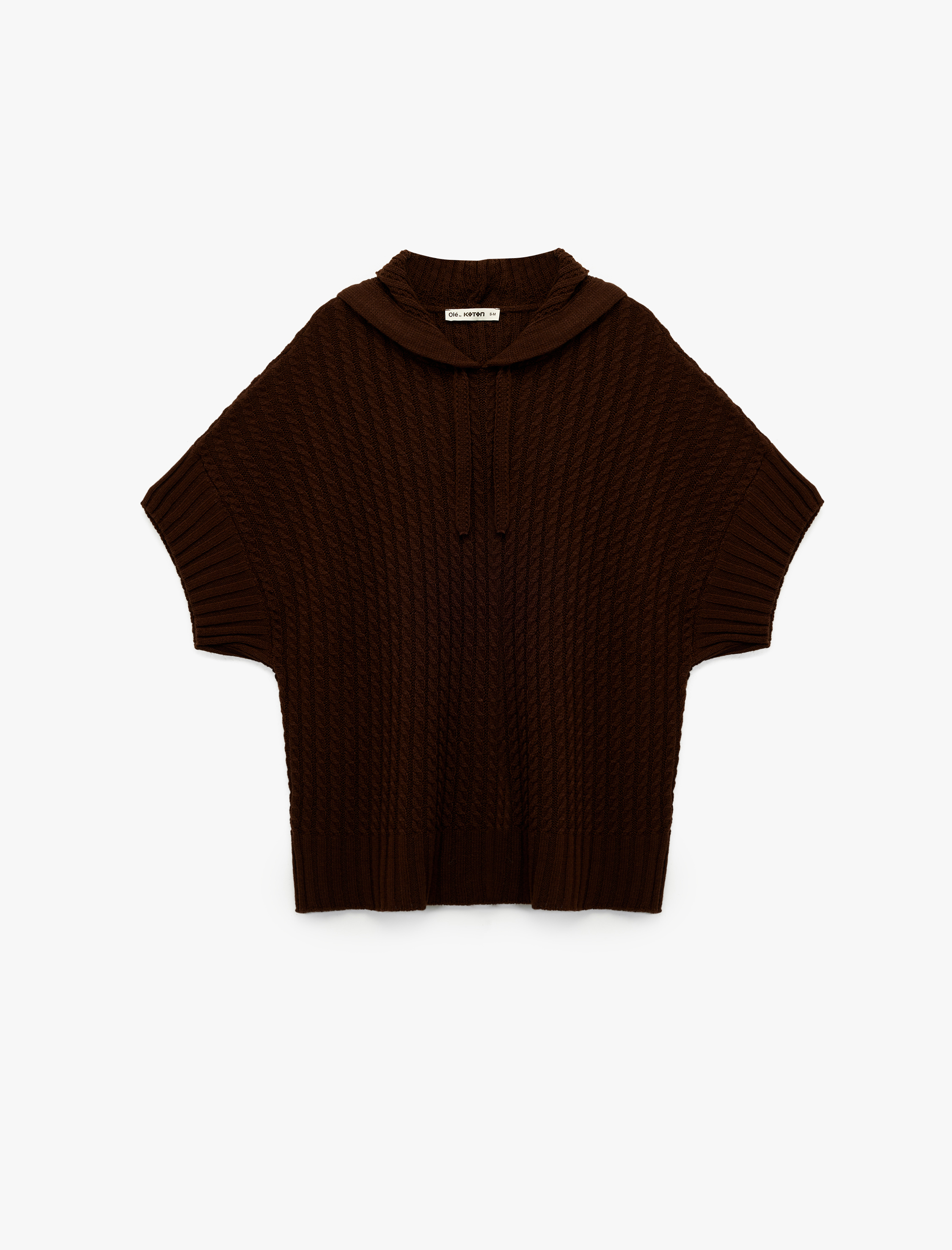   Kapüşonlu Saç Örgüsü Detaylı Kısa Kollu Triko Oversize Panço