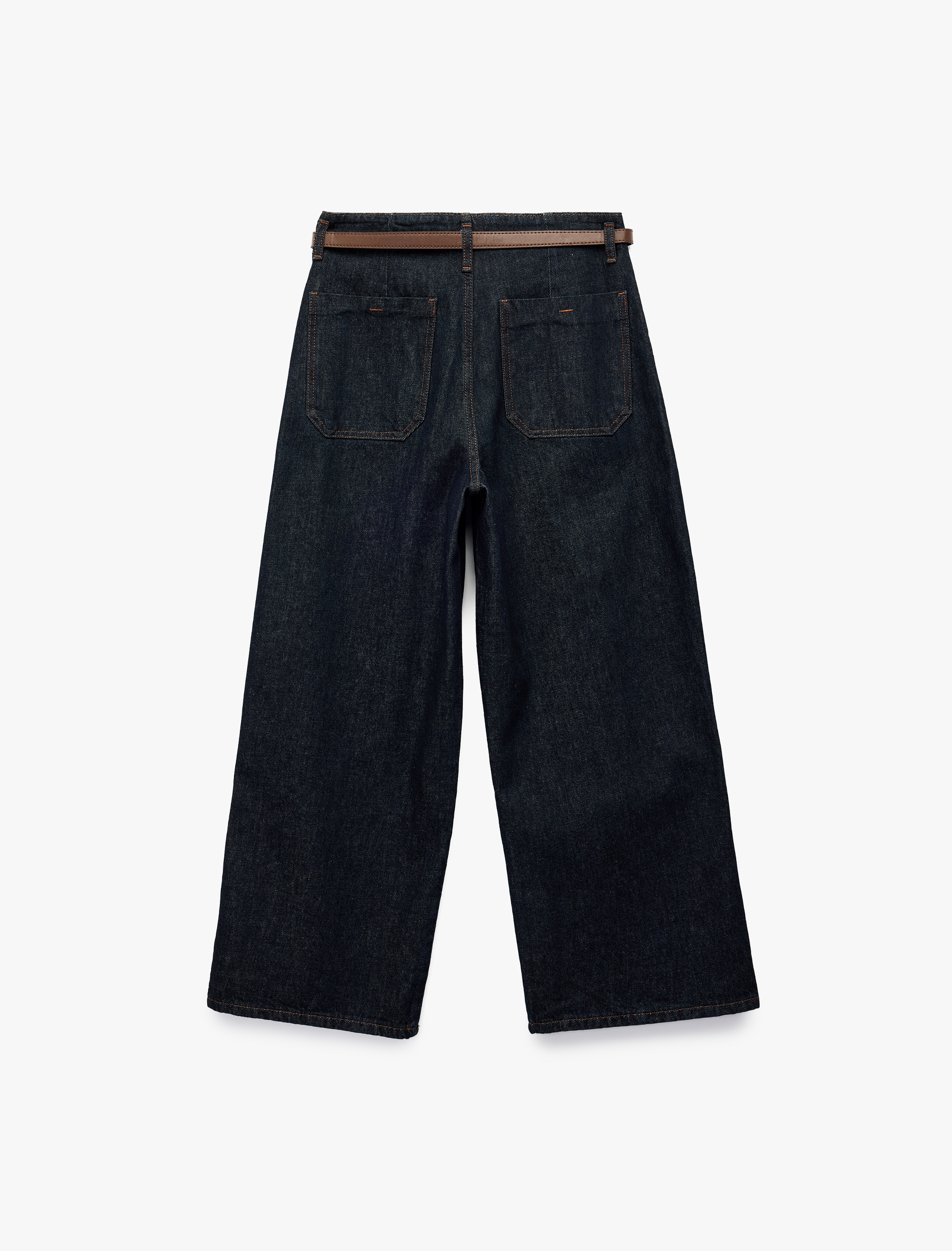 Yüksek Bel Pamuklu Kemer Detaylı Cepli Kısa Geniş Paça Jean Pantolon - Wide Leg Jeans