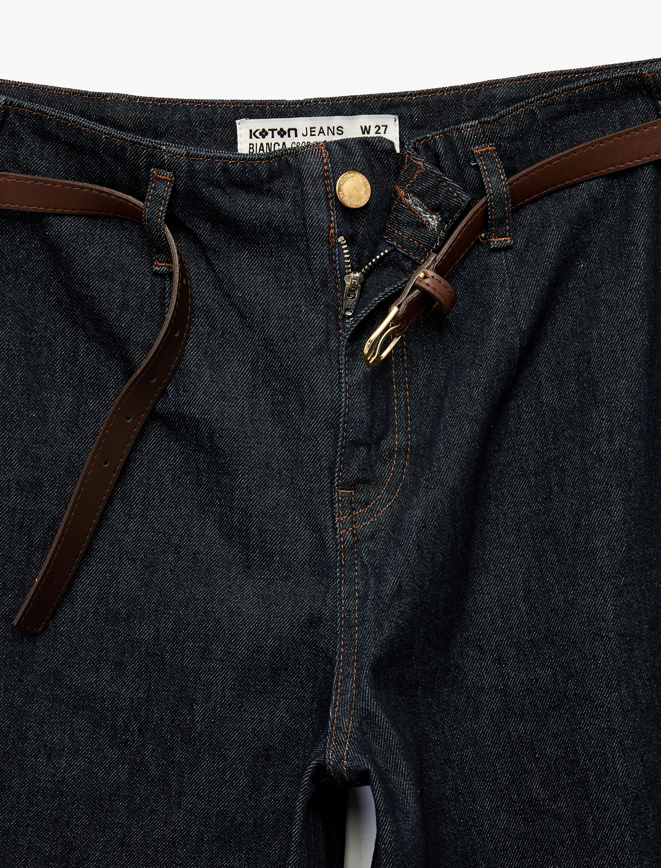 Yüksek Bel Pamuklu Kemer Detaylı Cepli Kısa Geniş Paça Jean Pantolon - Wide Leg Jeans