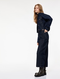 Yüksek Bel Pamuklu Kemer Detaylı Cepli Kısa Geniş Paça Jean Pantolon - Wide Leg Jeans