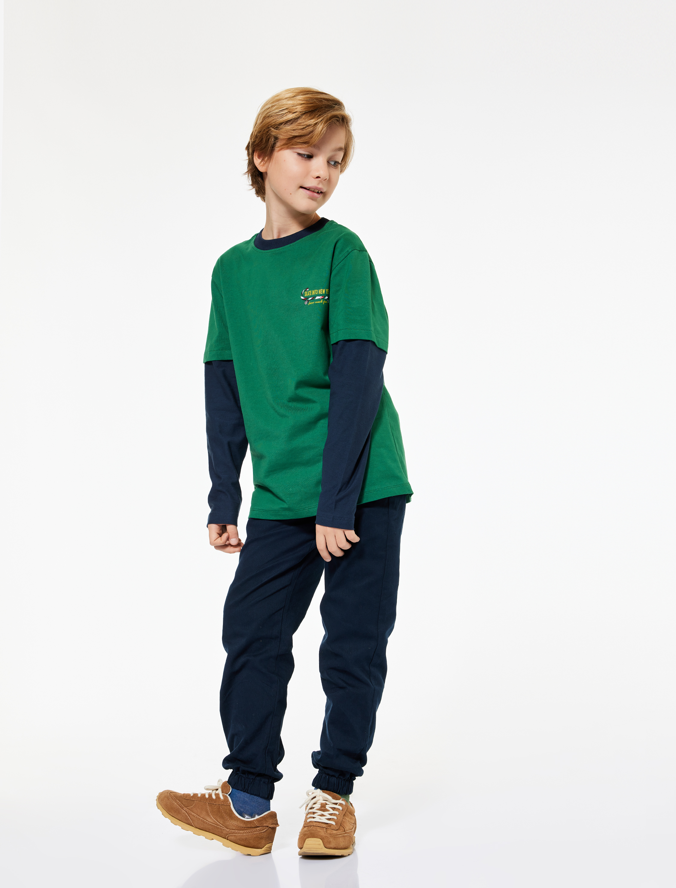  Erkek Çocuk Pamuklu Uzun Kollu Bisiklet Yaka Oversize Yılbaşı Baskılı Tişört