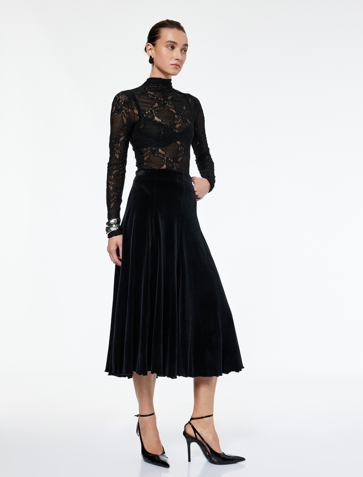  Kloş Kesim Simli Midi Kadife Etek