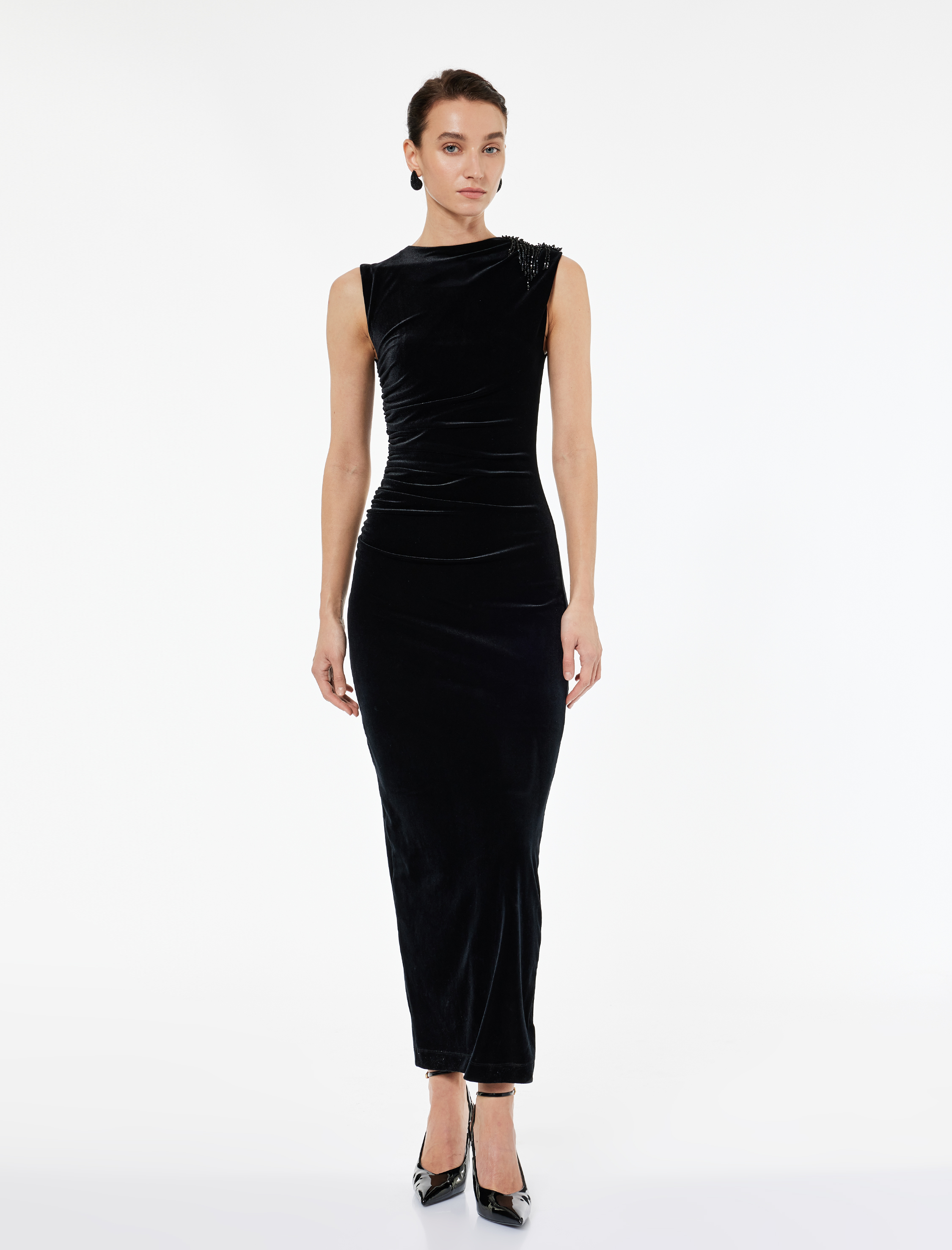   Bisiklet Yaka Kolsuz Yırtmaç Detaylı Uzun Elbise