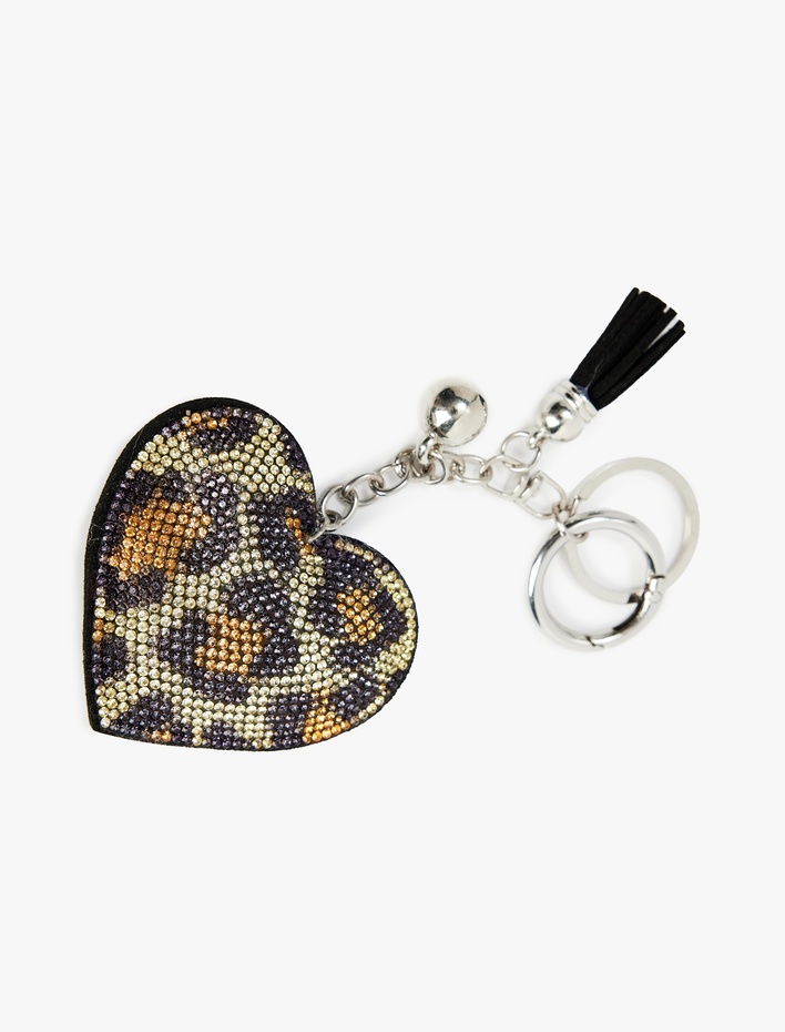 Kadın Püsküllü Taşlı Leopar Desenli Kalpli Anahtarlık