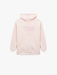 Uzun Kollu Kapüşonlu Baskılı Oversize Sweatshirt