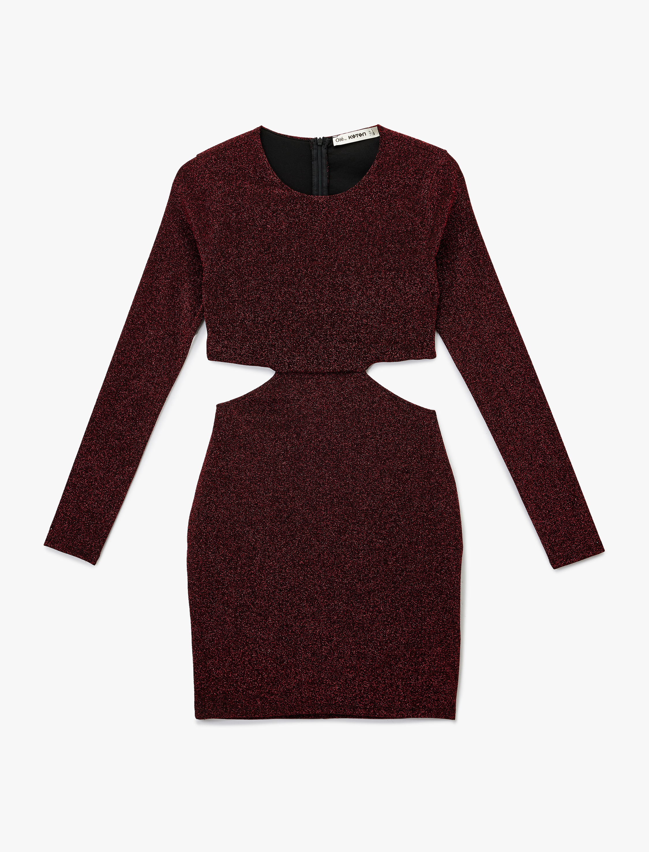 Uzun Kollu Bisiklet Yaka Simli Pencere Detaylı Mini Elbise