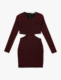 Uzun Kollu Bisiklet Yaka Simli Pencere Detaylı Mini Elbise