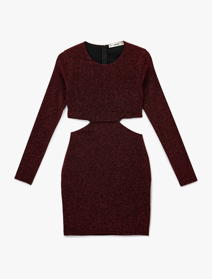  Uzun Kollu Bisiklet Yaka Simli Pencere Detaylı Mini Elbise