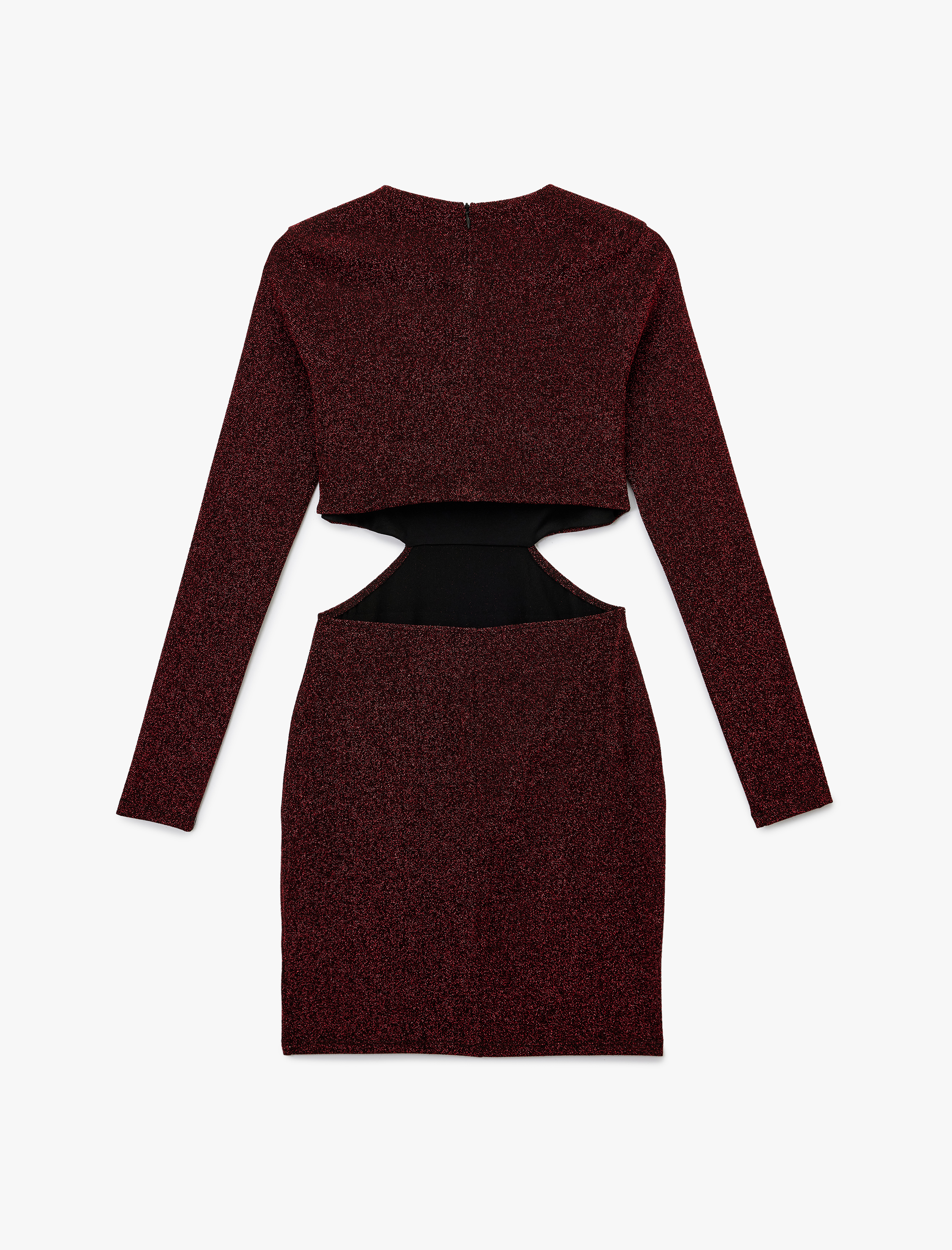 Uzun Kollu Bisiklet Yaka Simli Pencere Detaylı Mini Elbise