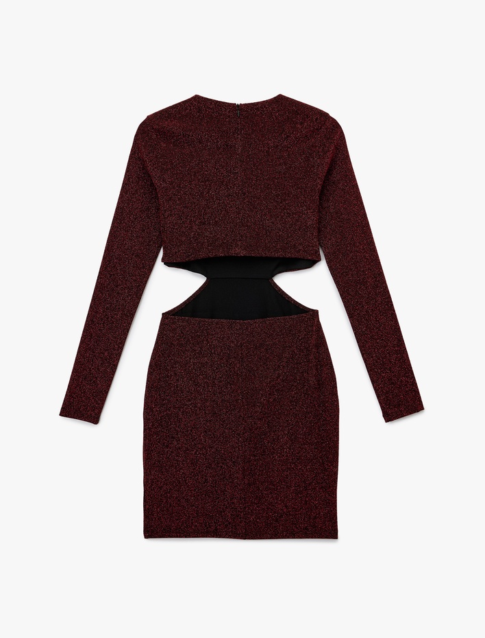  Uzun Kollu Bisiklet Yaka Simli Pencere Detaylı Mini Elbise