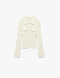 Polo Yaka Viskon Karışımlı Cepli Uzun Kollu Triko Kazak