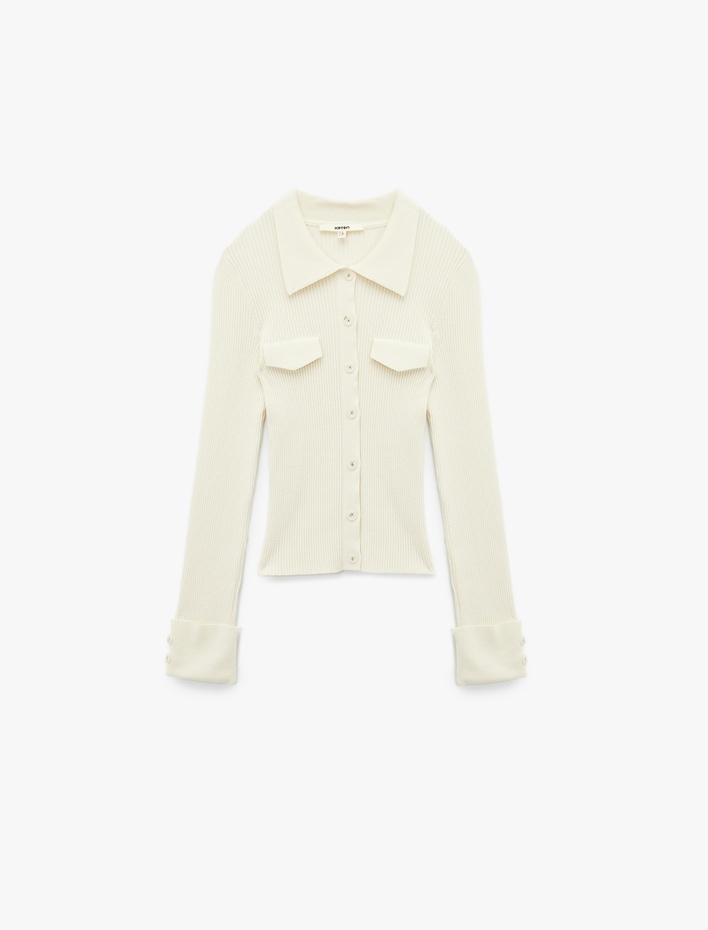  Polo Yaka Viskon Karışımlı Cepli Uzun Kollu Triko Kazak