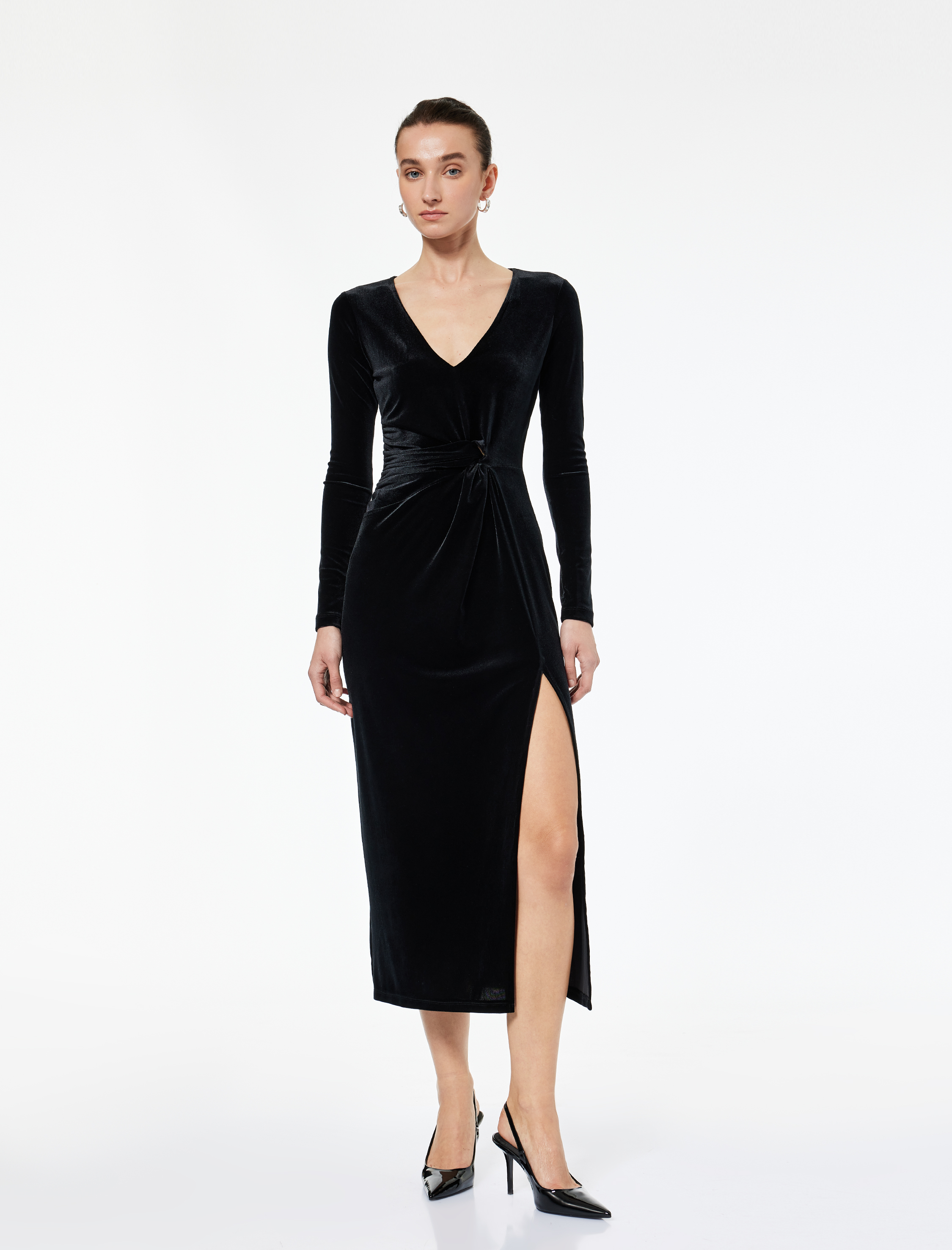   Uzun Kollu V Yaka Yırtmaç Detaylı Slim Fit Midi Elbise