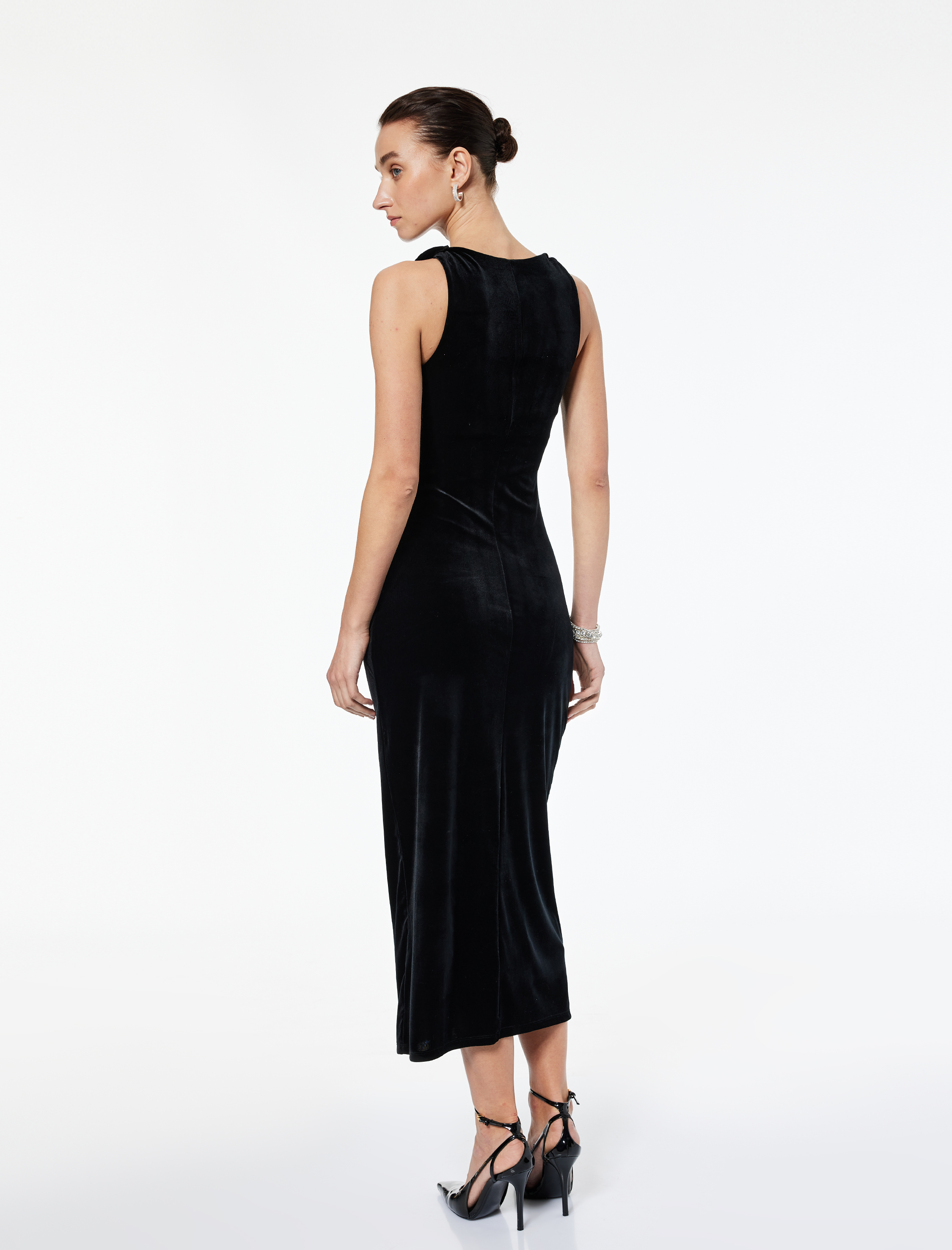   Drapeli Kolsuz Asimetrik Yaka Midi Elbise