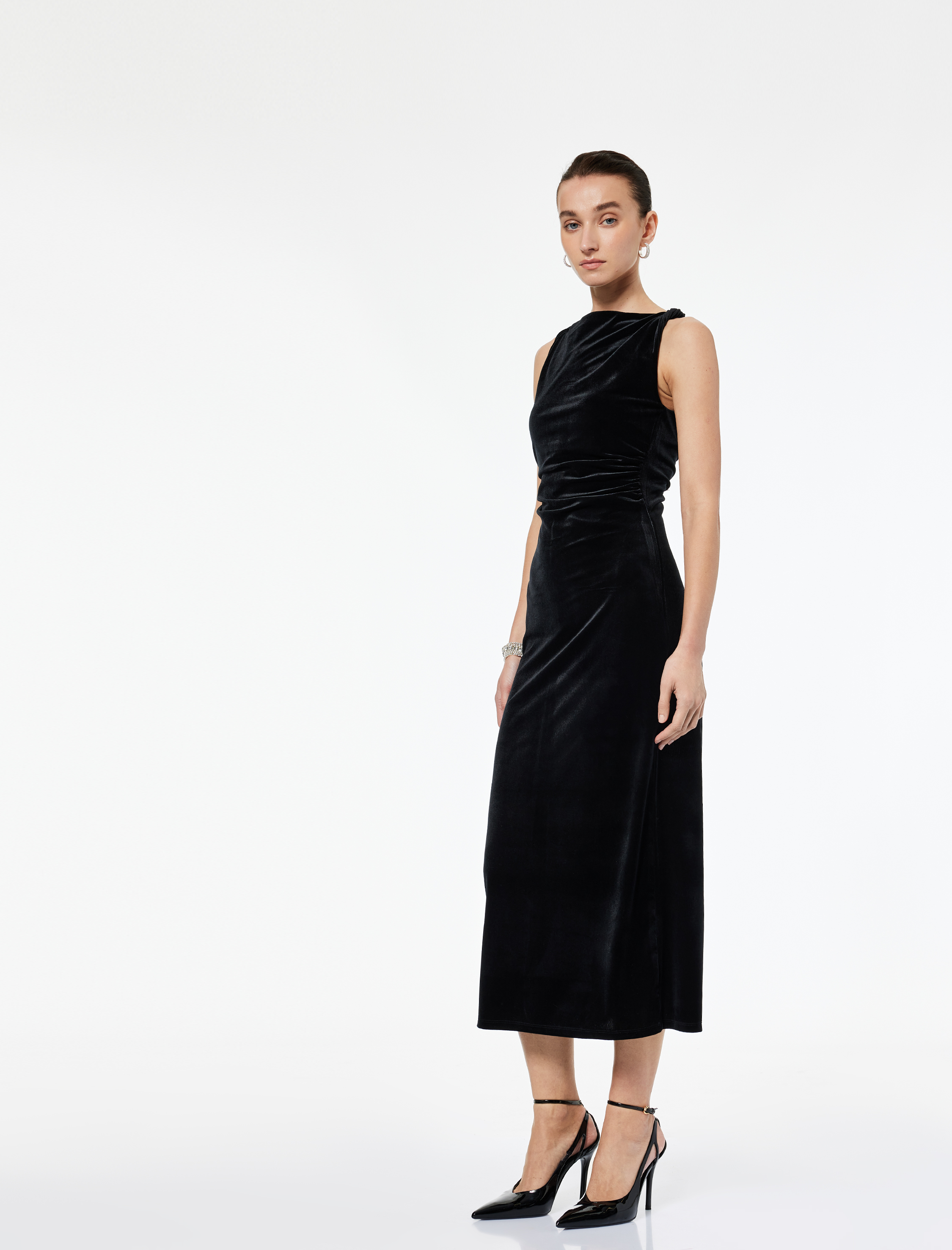   Drapeli Kolsuz Asimetrik Yaka Midi Elbise