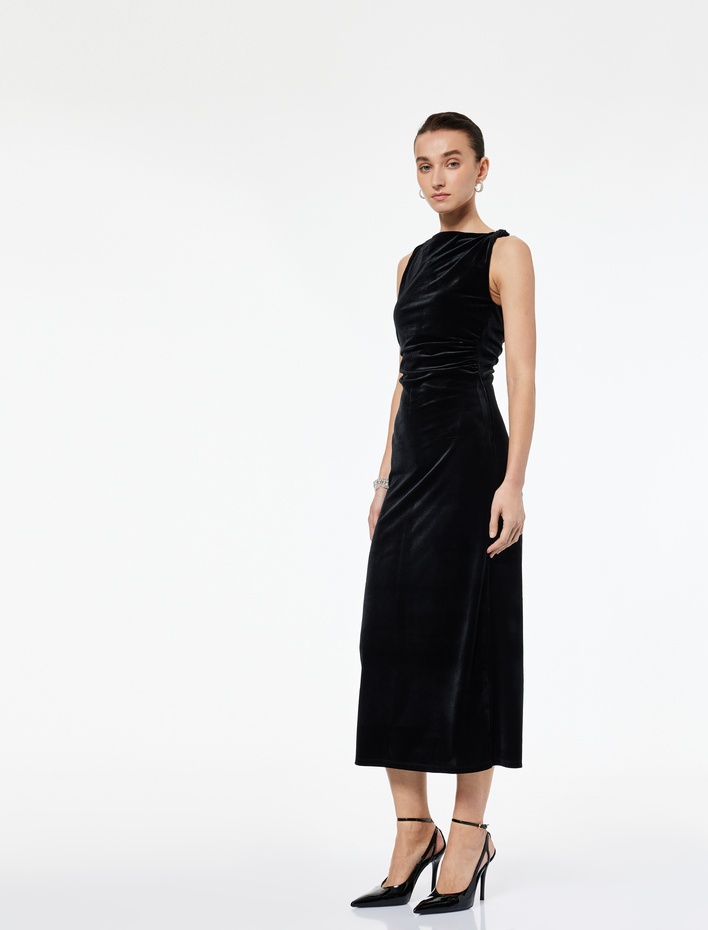  Drapeli Kolsuz Asimetrik Yaka Midi Elbise