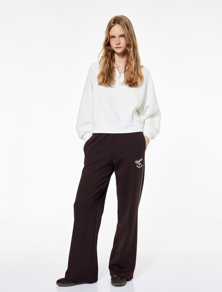  Pamuklu Şardonlu Biyeli Baskılı Beli Lastikli Geniş Paça Eşofman Altı