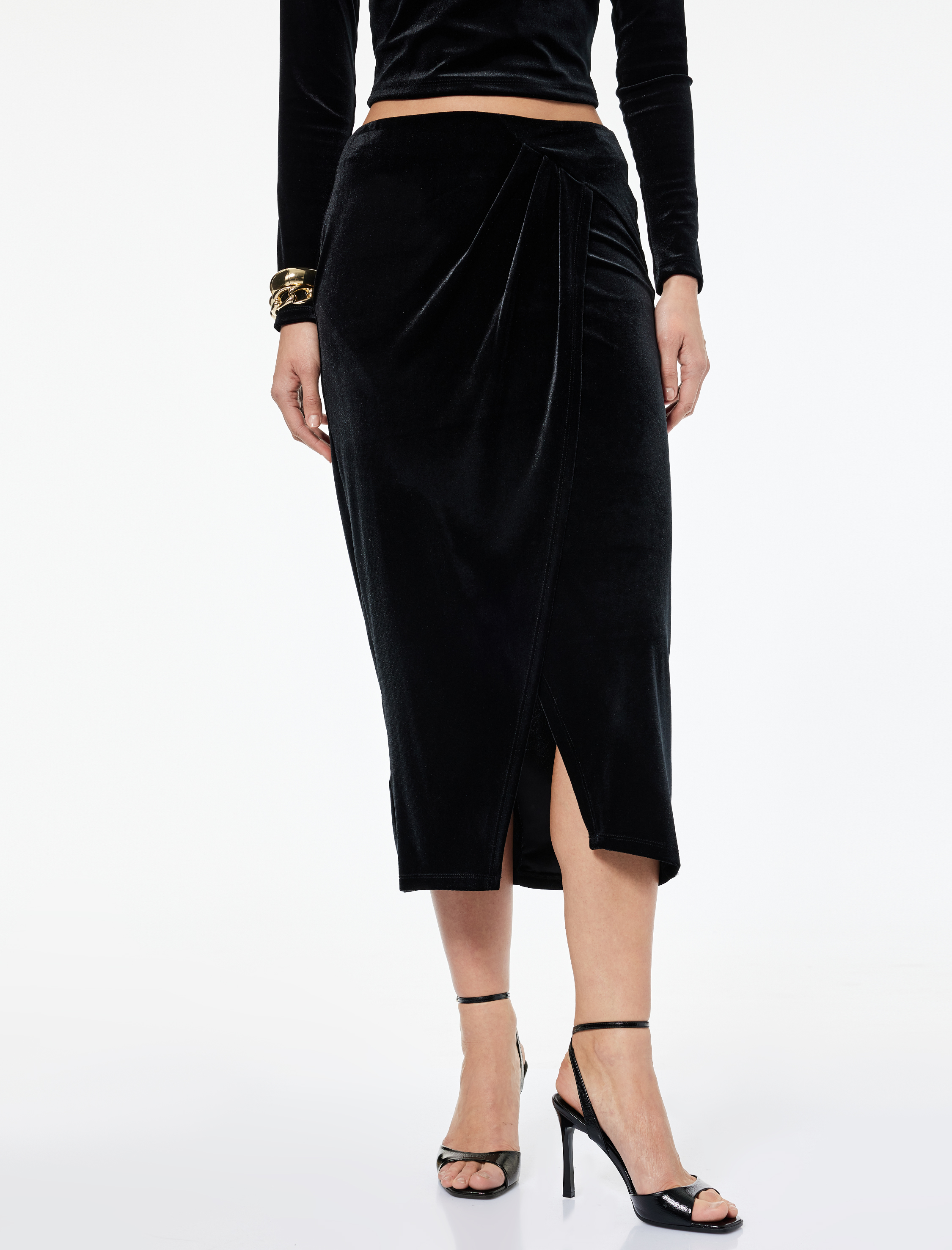 Slim Fit Drapeli Yırtmaçlı Kruvaze Midi Kadife Etek