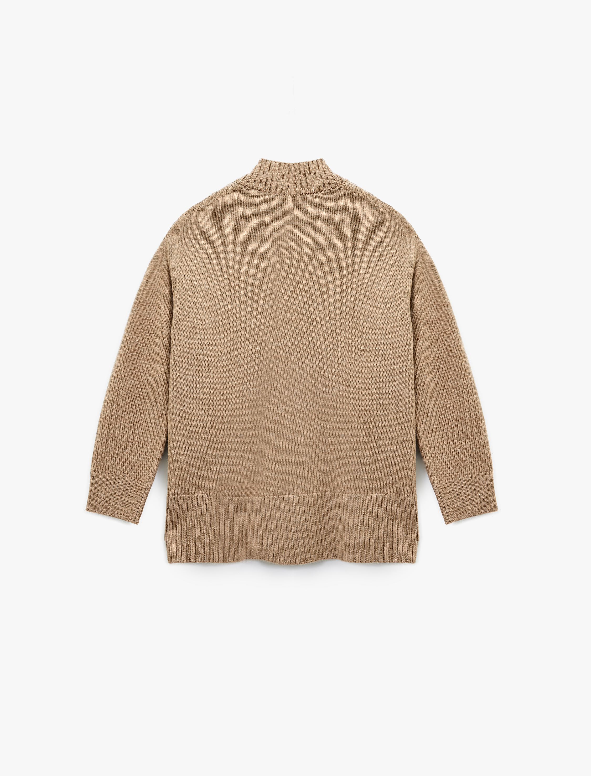 Uzun Kollu Dik Yaka Yırtmaç Detaylı Oversize Triko Tunik