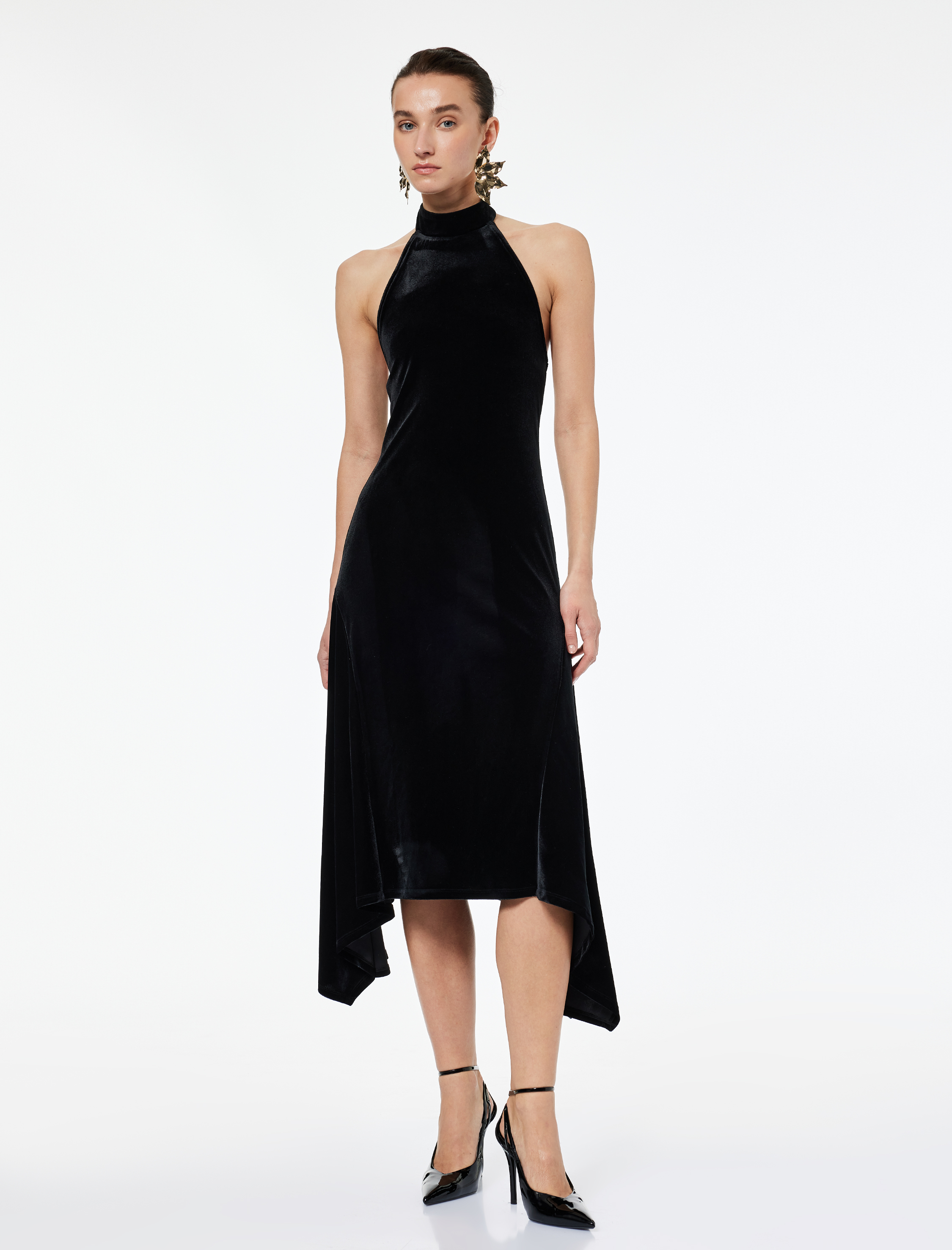   Halter Yaka Kolsuz Sırt Detaylı Midi Elbise