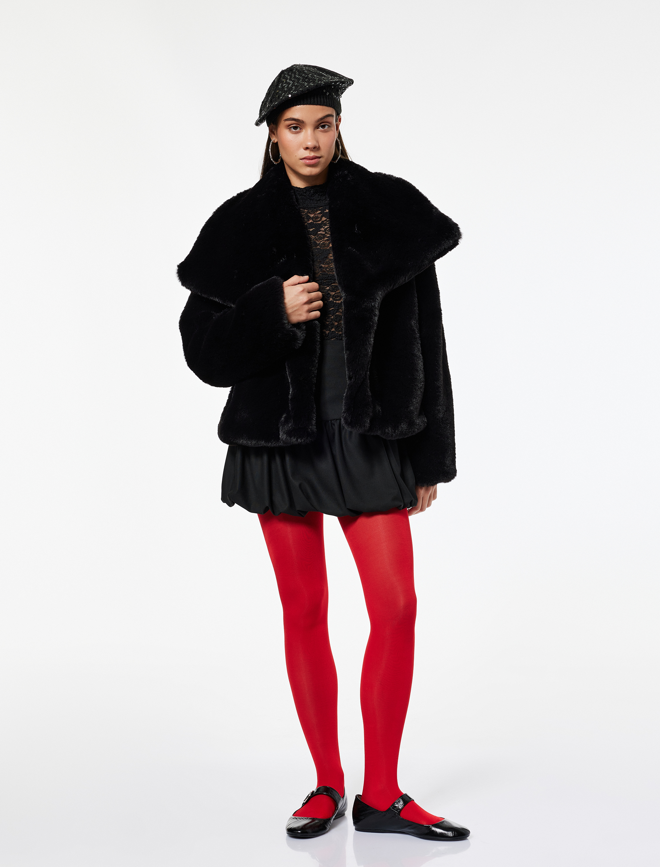   Devrik Yaka Cep Detaylı Uzun Kollu Suni Kürk Ceket