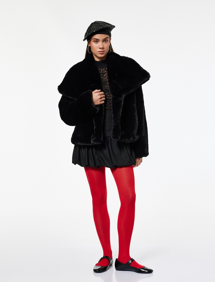  Devrik Yaka Cep Detaylı Uzun Kollu Suni Kürk Ceket