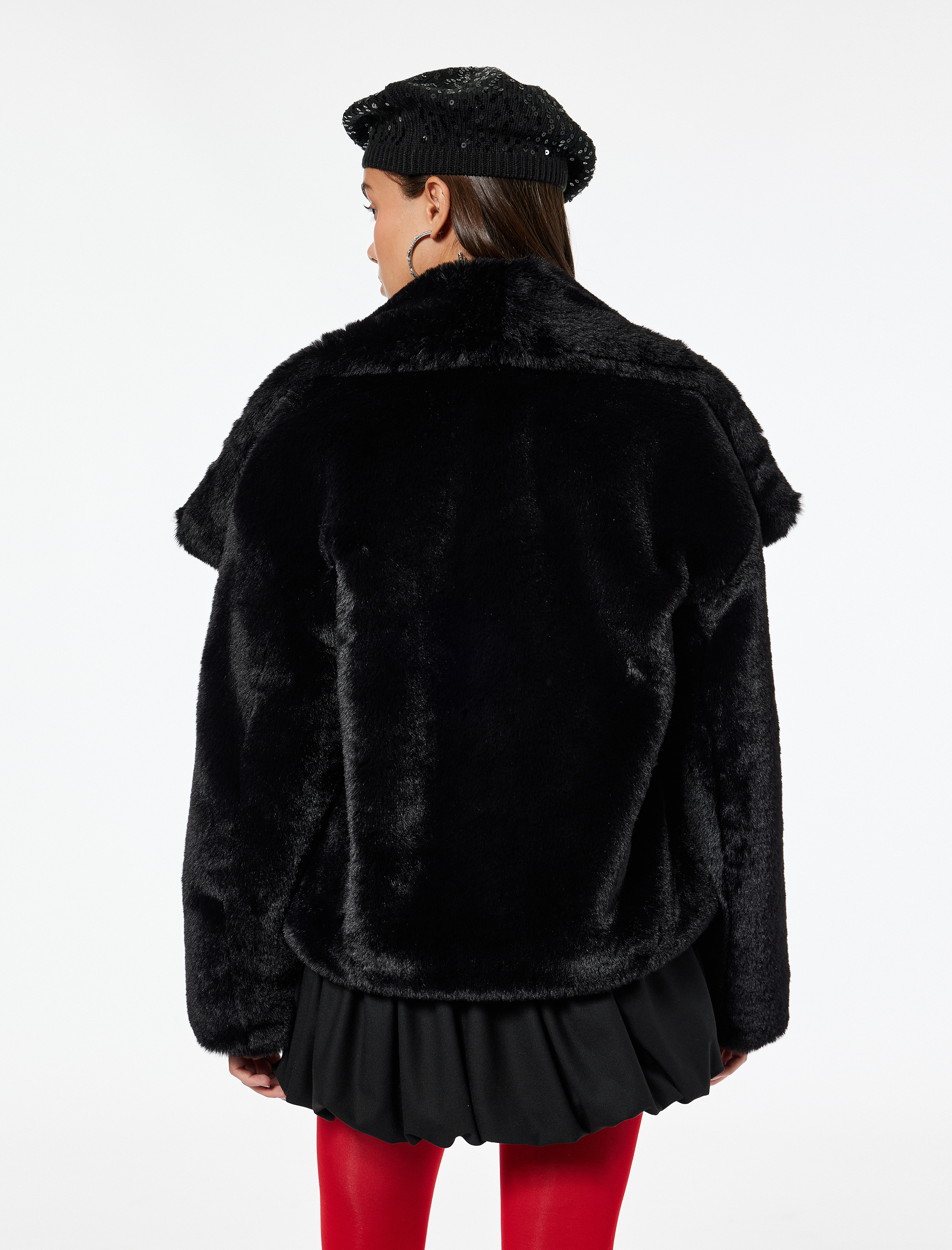   Devrik Yaka Cep Detaylı Uzun Kollu Suni Kürk Ceket