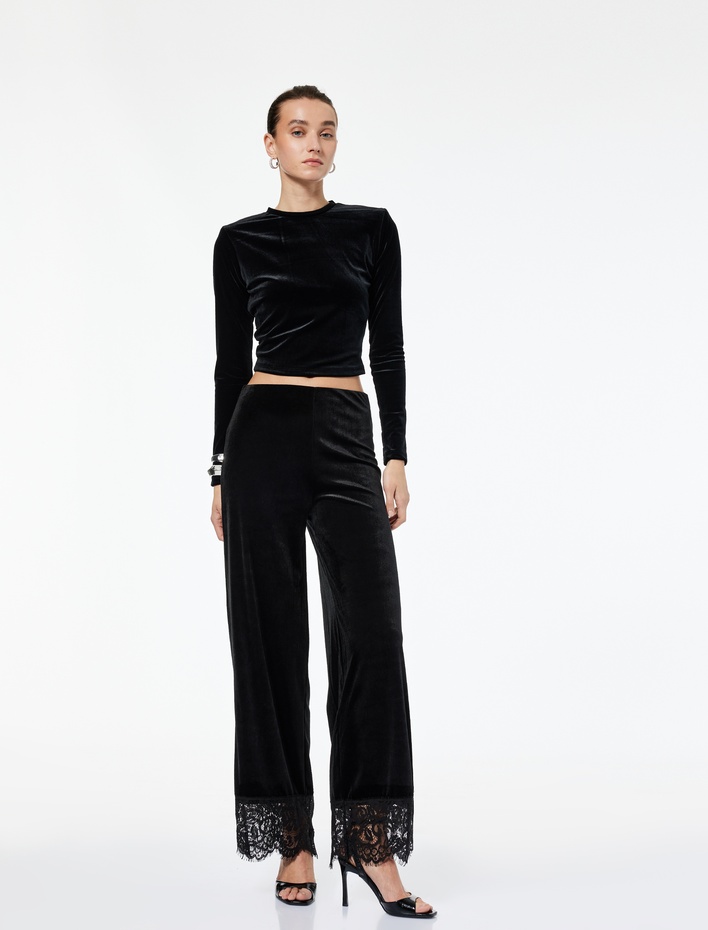 Uzun Kollu Bisiklet Yaka Slim Fit Kadife Crop Tişört