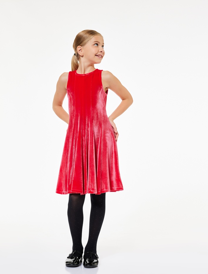 Kız Çocuk Bisiklet Yaka Kolsuz Pileli Kadife Yılbaşı Elbisesi