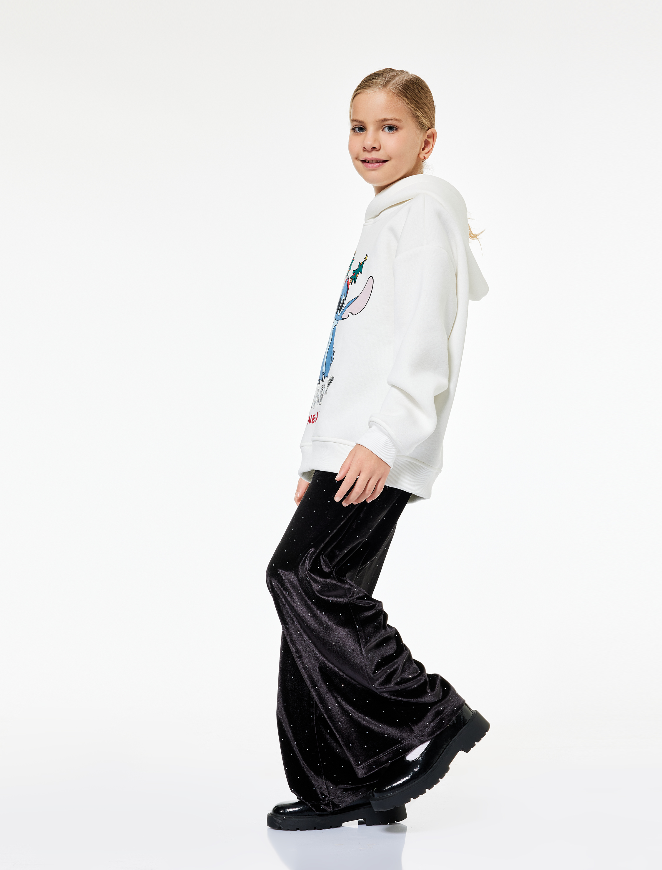  Kız Çocuk Taş Detaylı Rahat Kesim Geniş Paça Yılbaşı Pantolon