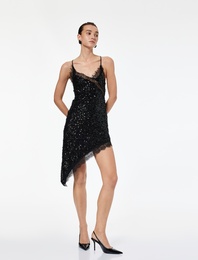 Dantel Detaylı Askılı V Yaka Payetli Asimetrik Mini Abiye Elbise