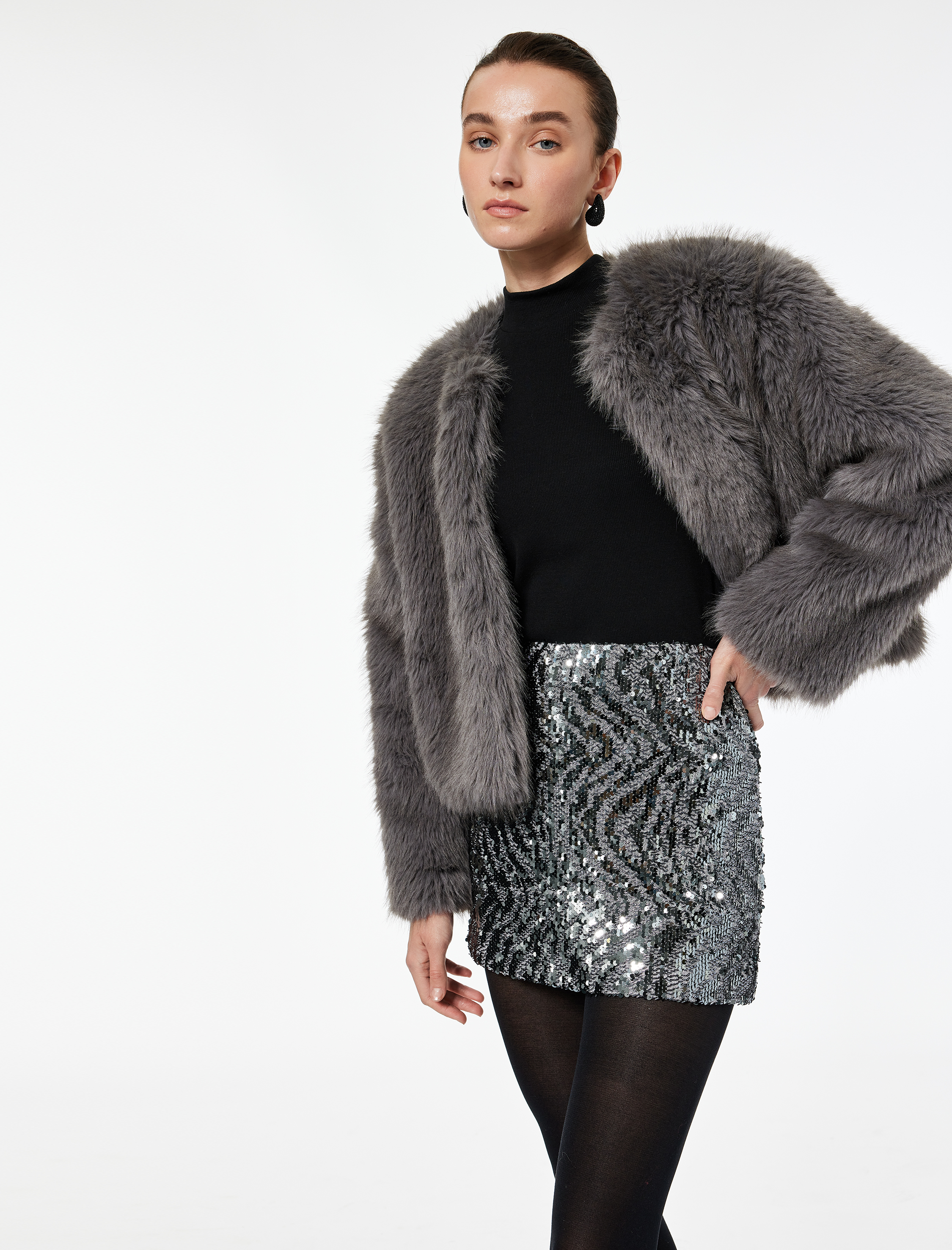   Normal Bel Pullu Payetli Mini Etek