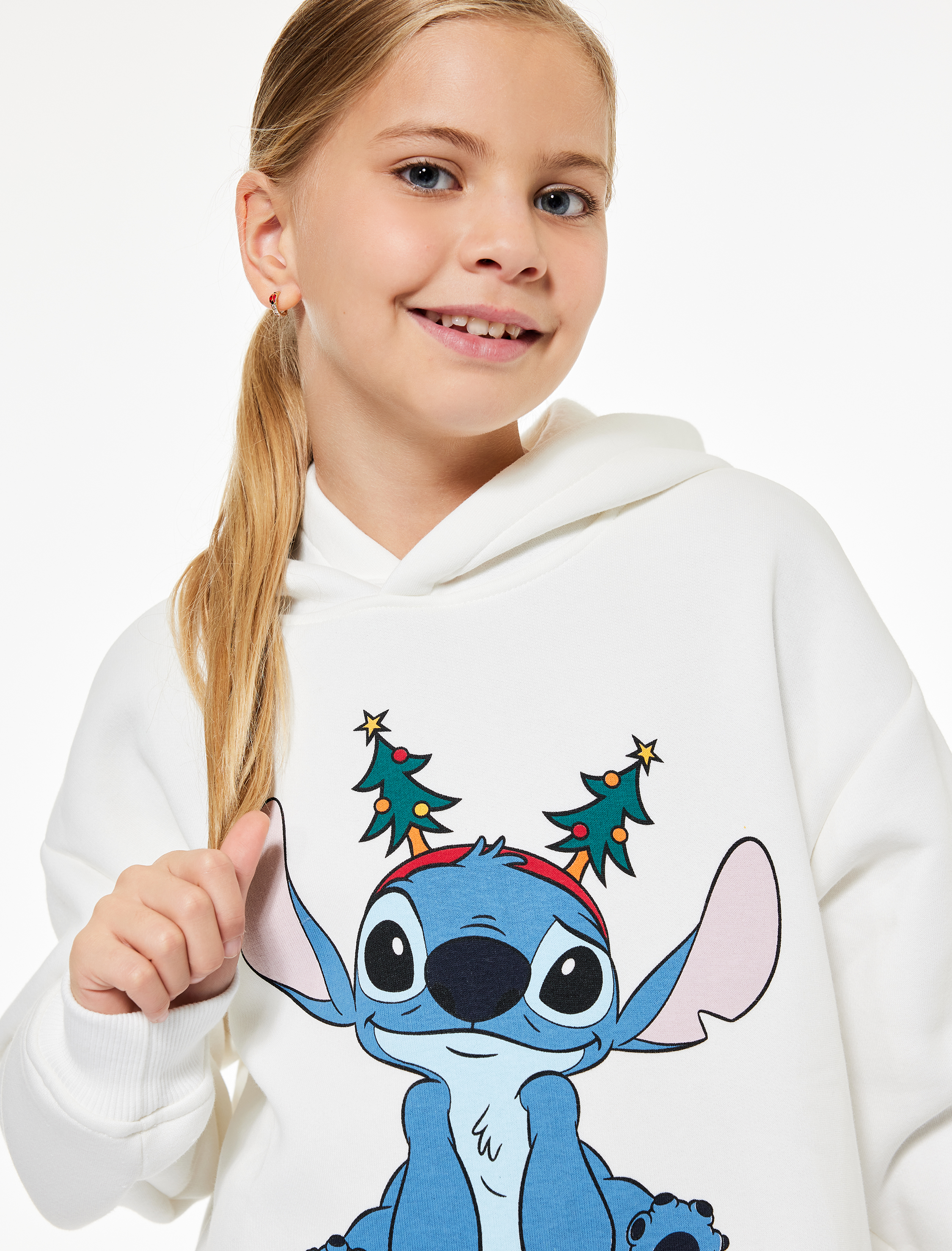  Kız Çocuk Kapşonlu Uzun Kollu Lisanslı Stitch Baskılı Oversize Sweatshirt