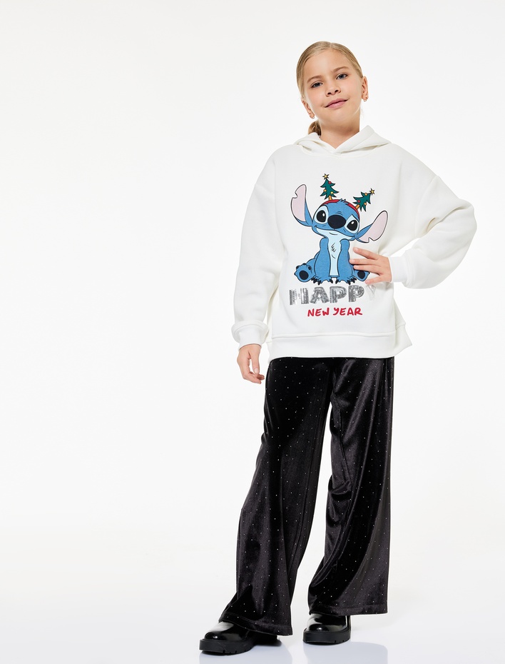 Kız Çocuk Kapşonlu Uzun Kollu Lisanslı Stitch Baskılı Oversize Sweatshirt
