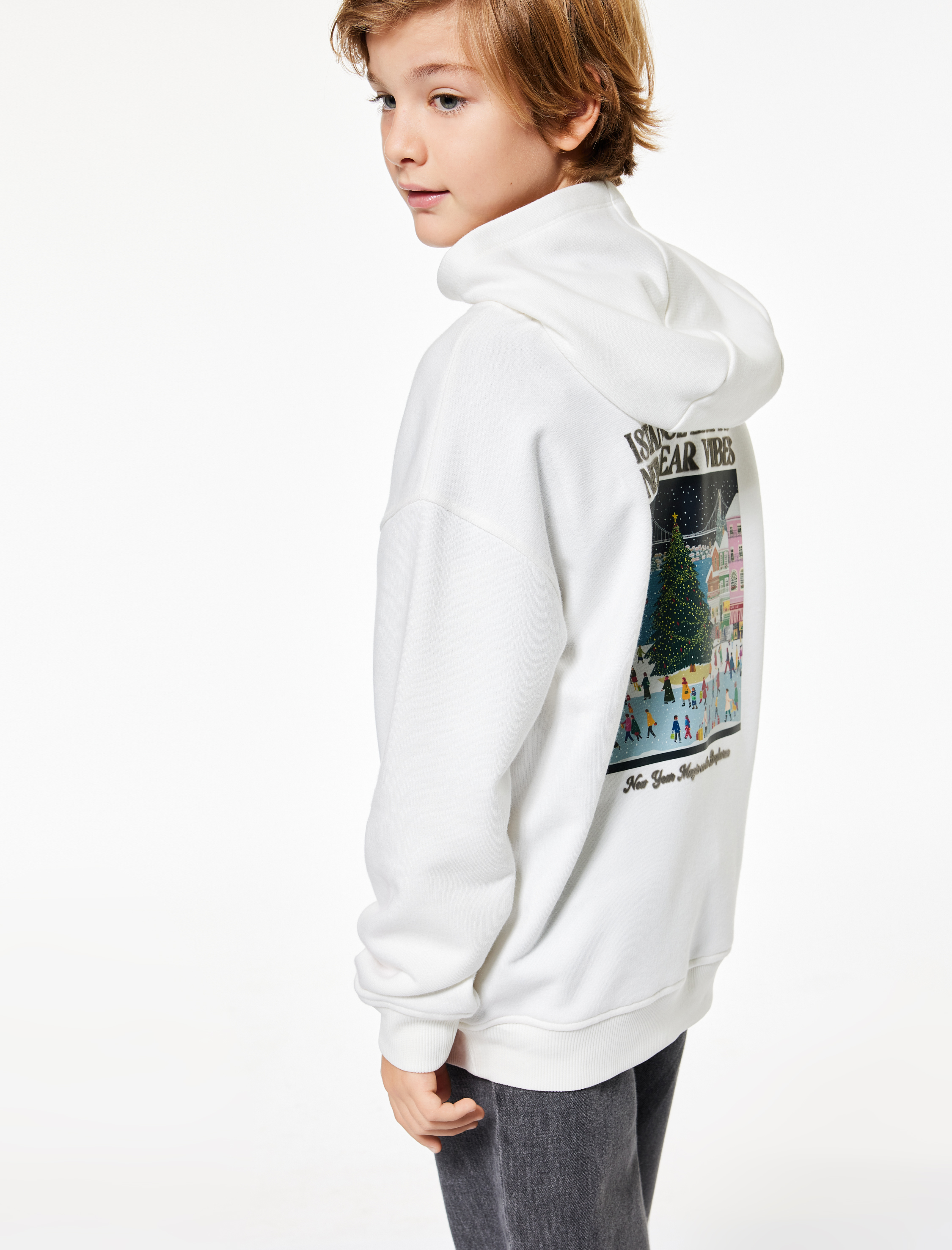  Erkek Çocuk Pamuklu Uzun Kollu Baskılı Oversize Kapşonlu Sweatshirt