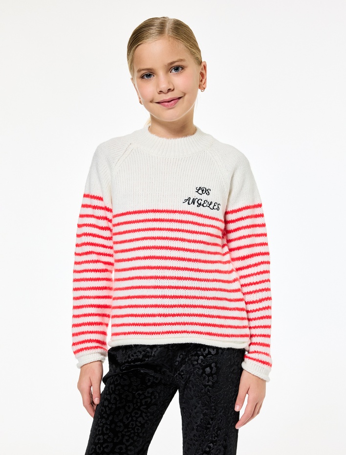 Kız Çocuk Uzun Kollu Bisiklet Yaka Ajurlu Çizgili Triko Kazak